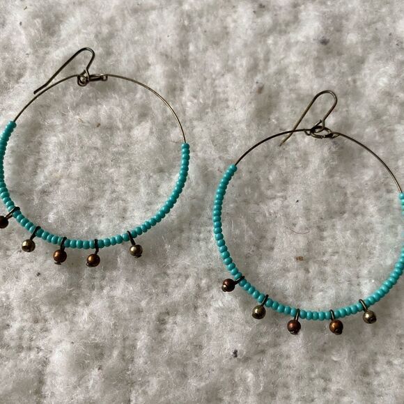 Boho Turquoise and Metal Hoop Earrings - Picture 1 of 4